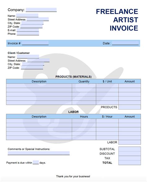 artist invoice template.